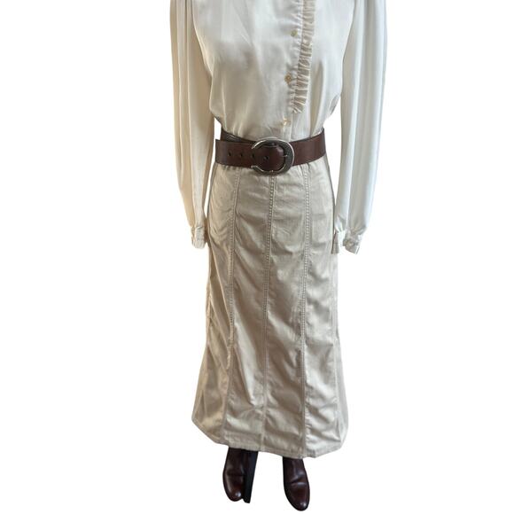 Khaki A-Line Long Skirt Women’s Medium Beige Modest Side Zip Panel Stitching - Picture 1 of 7